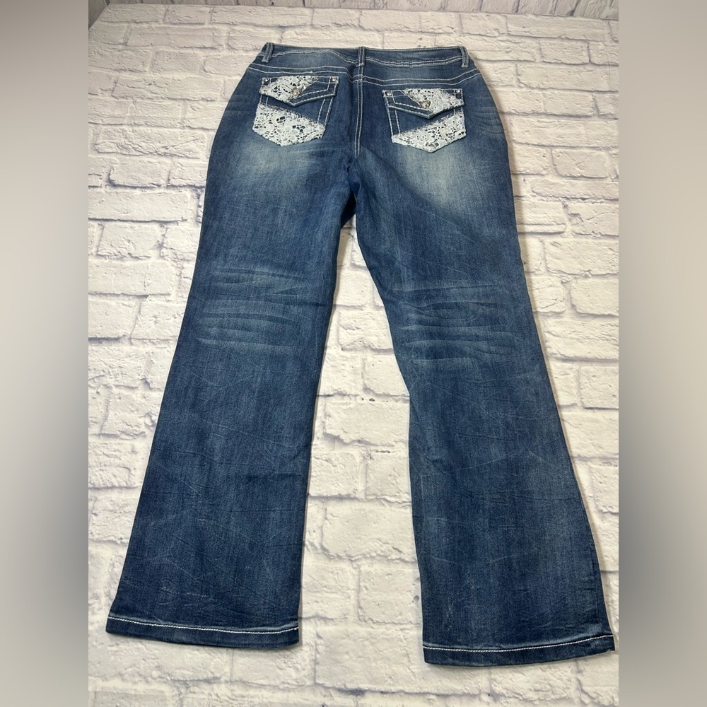 Cato Premium Dark Blue Flare Jeans w/ Lace and Rhinestone Detail.